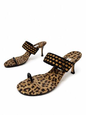 Manolo Blahnik Leopard Print Kitten Heel Sandals Womens Size EU 38